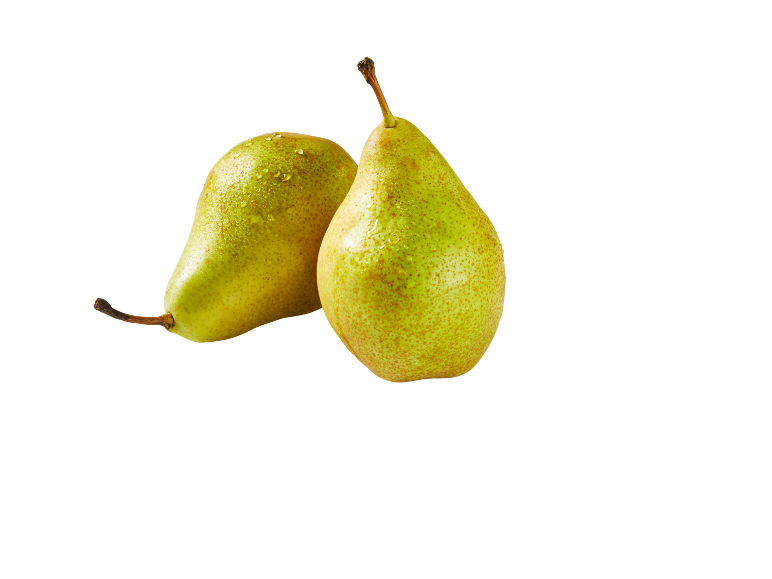 Duas peras verdes frescas com gotas de água