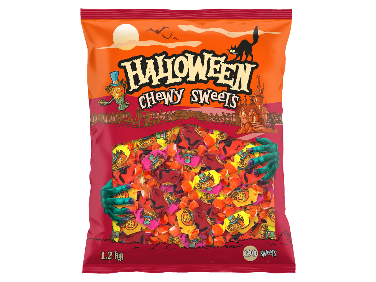 Saco de doces mastigáveis de Halloween, 1,2 kg, 190 unidades, com abóboras e mãos de monstro.