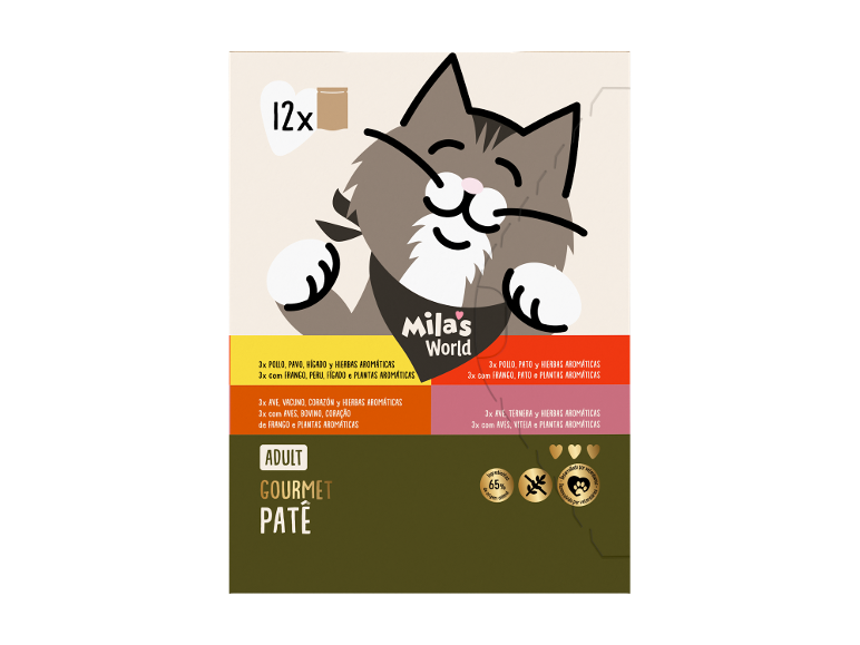 Embalagem de 12 patês gourmet para gatos adultos com frango, peru, carne e pato.