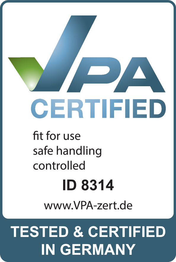 Selo de certificação: VPA CERTIFIED, apto para uso, manuseamento seguro, controlado, ID 8314, www.VPA-zert.de, TESTADO & CERTIFICADO NA ALEMANHA.