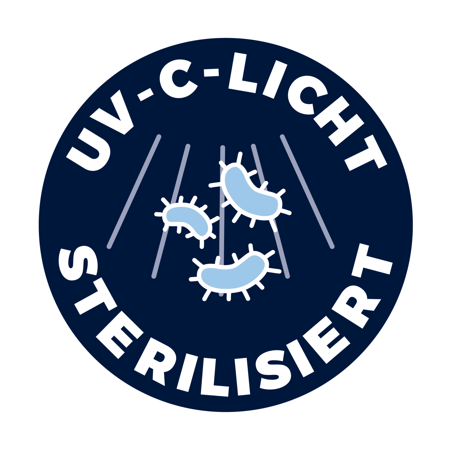 Selo esterilizado por luz UV-C, mostrando bactérias e raios de luz.