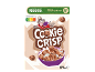 Embalagem de cereais de biscoito de chocolate com um lobo de desenho animado e uma tigela de leite.
