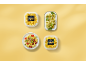 Massas recheadas sacchettini e tortelloni, algumas em embalagens, outras servidas com acompanhamentos.