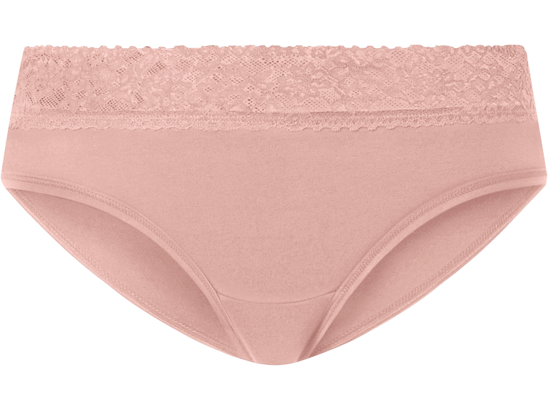 Cuecas de senhora cor pêssego com acabamento em renda.