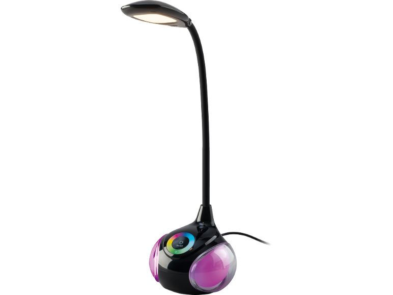 Candeeiro de secretária com pescoço flexível e base iluminada colorida.