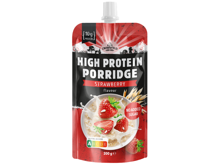 Saqueta de papas de aveia de morango com 10g de proteína, sem açúcar adicionado, Nutri-Score A, 200g.