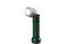 Lanterna de trabalho LED verde e cinzenta com cabeça giratória e base estável.