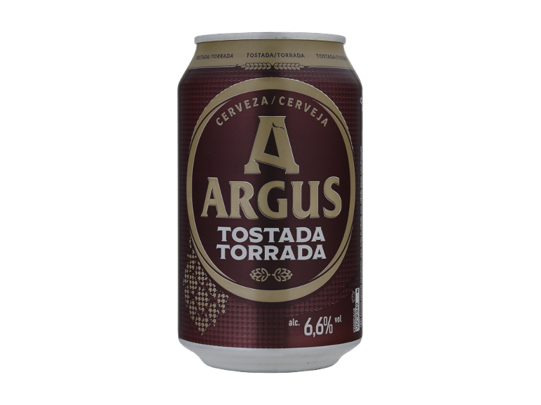 Lata de cerveja Argus Tostada Torrada com 6,6% de teor alcoólico.