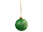 Bola de Natal verde brilhante com cordão dourado sobre fundo preto.
