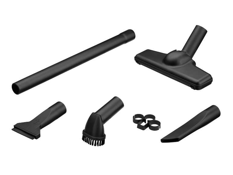 Acessórios pretos para aspirador: tubo de extensão, bico para chão, bico para fendas, escova para estofos e adaptadores.
