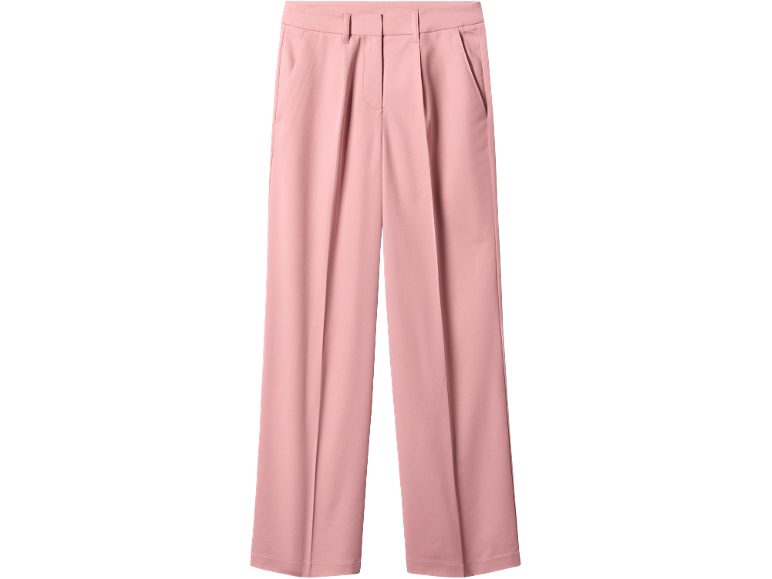 Calças femininas cor-de-rosa com pregas e bolsos.