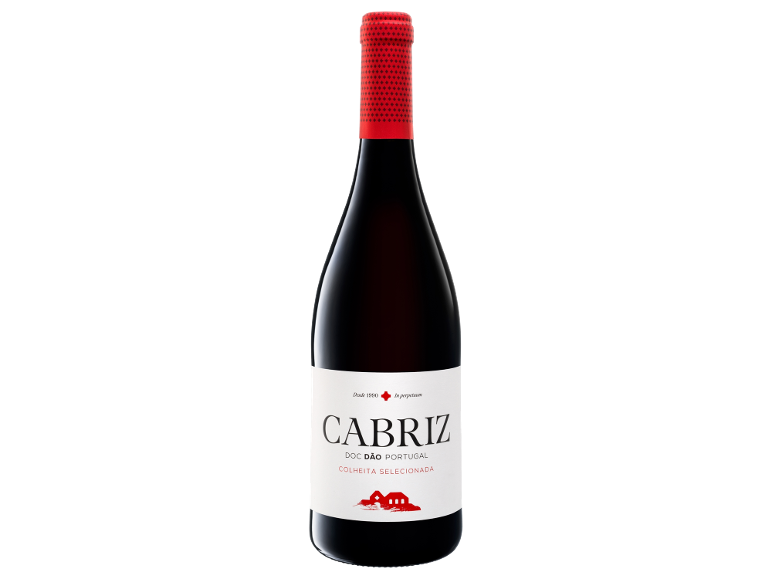 Garrafa de vinho tinto com rótulo branco e cápsula vermelha estampada.