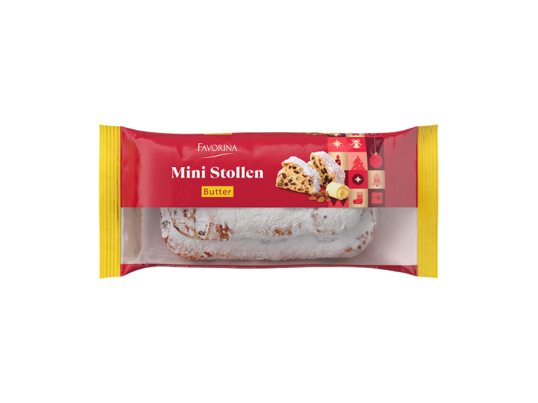 Mini Stollen com manteiga, em embalagem festiva vermelha e amarela.