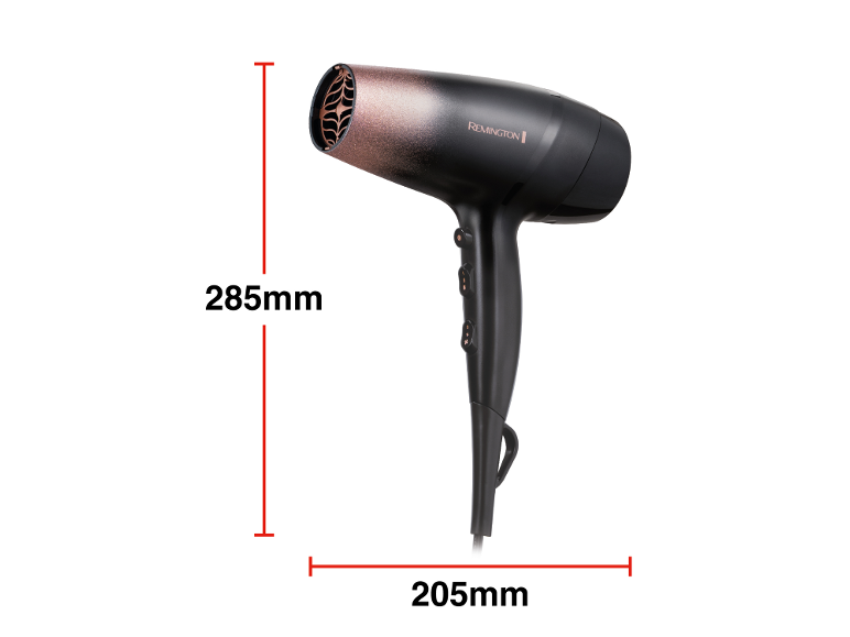 Secador de cabelo preto com detalhes em cobre, dimensões 285mm x 205mm.