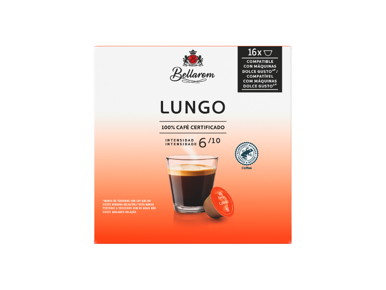 Caixa de 16 cápsulas de café Lungo, intensidade 6/10, compatíveis com máquinas de café.