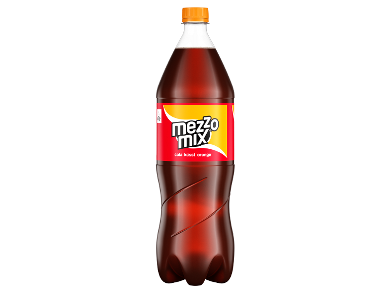 Garrafa de refrigerante marrom com rótulo vermelho e amarelo com o texto 'cola küsst orange'.