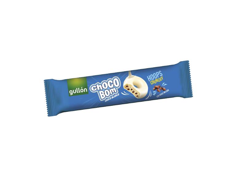 Embalagem azul com anéis de chocolate branco com arroz crocante e o texto 'Choco Bom Hoops Crunchy'.