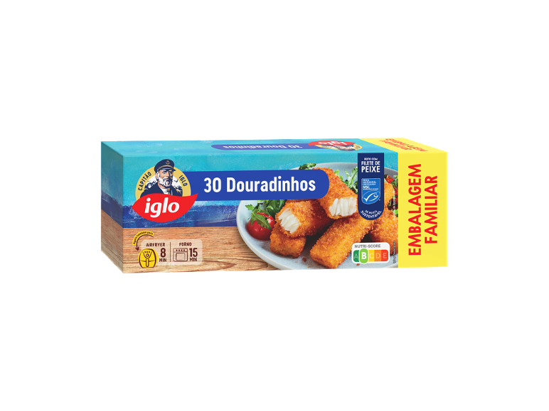 Embalagem de 30 douradinhos de peixe com informações de preparação e nutricionais.