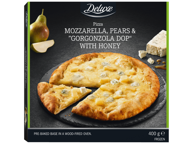 Pizza congelada com mozzarella, peras e gorgonzola com mel, base pré-cozida em forno a lenha.