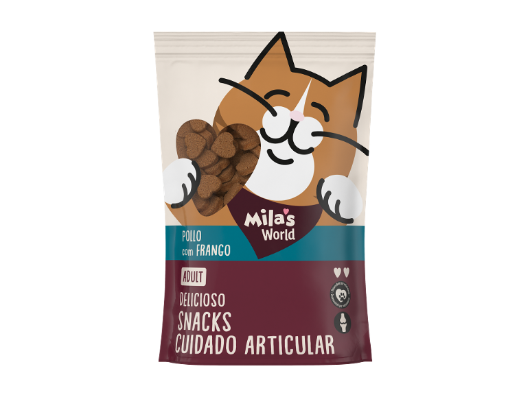Embalagem de snacks para gatos adultos de frango, para cuidado articular.