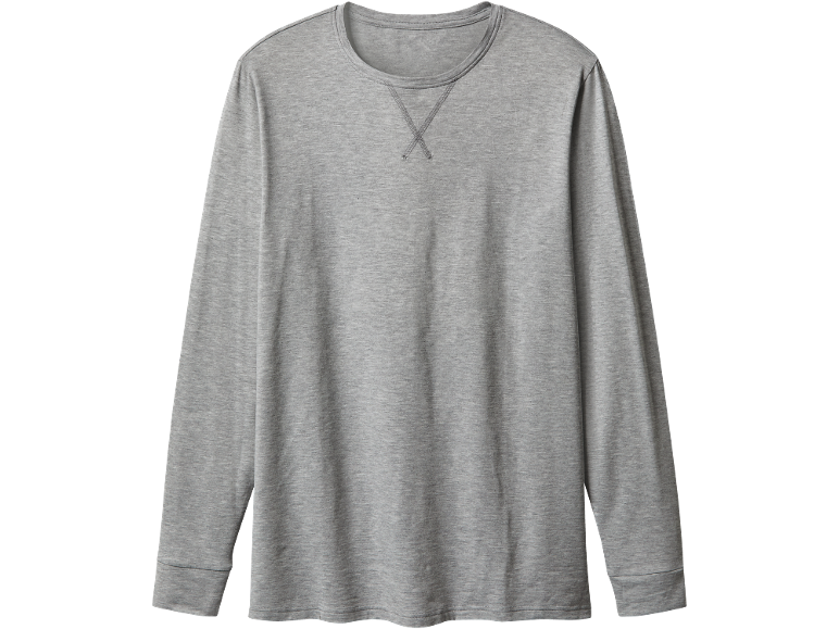 T-shirt cinzenta de manga comprida para homem com gola redonda.