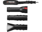 Alça de ombro preta e três acessórios de ferramenta pretos com botão vermelho.