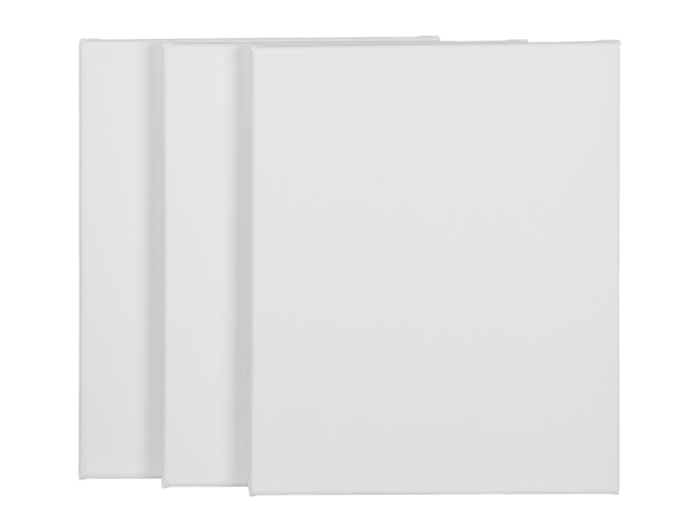 Três telas brancas em branco para pintura, empilhadas umas sobre as outras.