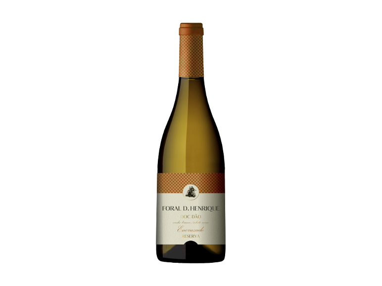 Garrafa de vinho branco com rótulo laranja e bege, indicando 'DOC DÃO' e 'RESERVA'.