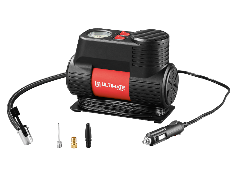 Compressor de carro preto com acessórios e etiqueta vermelha ULTIMATE SPEED.