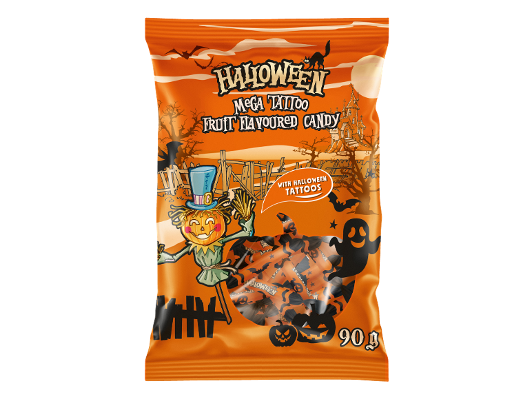 Rebuçados de fruta de Halloween com tatuagens, numa embalagem laranja com um espantalho.