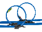 Dois carros de brinquedo a correr numa pista azul com loops.