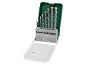 Conjunto de 8 brocas para alvenaria em estojo verde e transparente, com tamanhos de 3 a 10 mm.