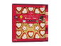 Caixa de chocolates de maçapão em forma de corações e estrelas, com o texto “Hearts Stars”.