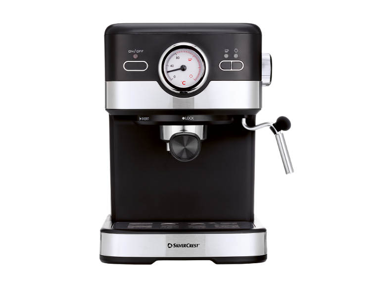 Máquina de café expresso preta e prateada com manómetro e botões de controlo