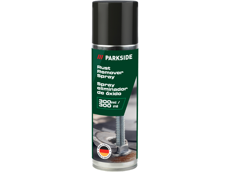 Spray removedor de ferrugem 300 ml com rótulo verde e detalhes de um parafuso enferrujado.