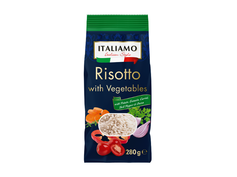 Embalagem de arroz para risotto com vegetais, incluindo batata, tomate, cenoura, pimentão e cebola, 280g.