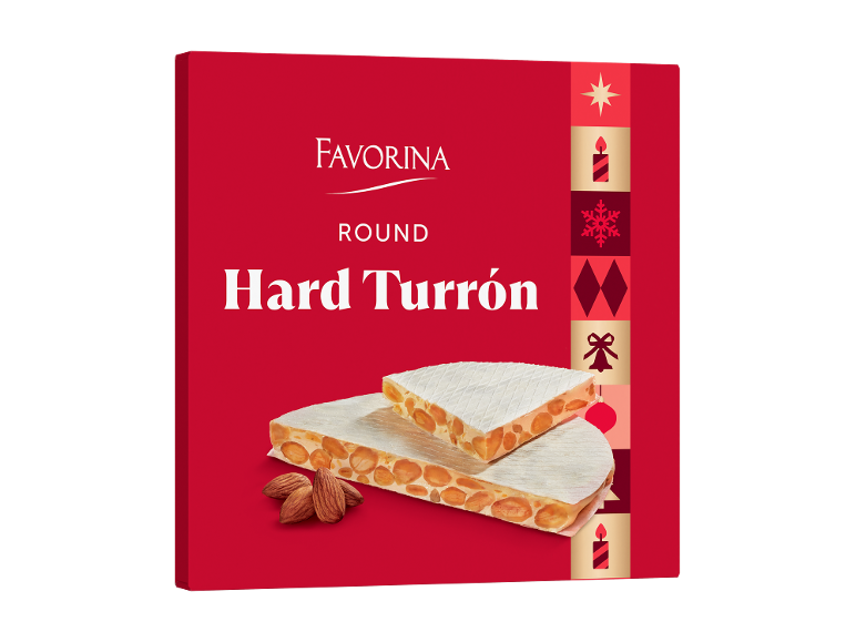 Turrón duro redondo com amêndoas, em embalagem de Natal vermelha.