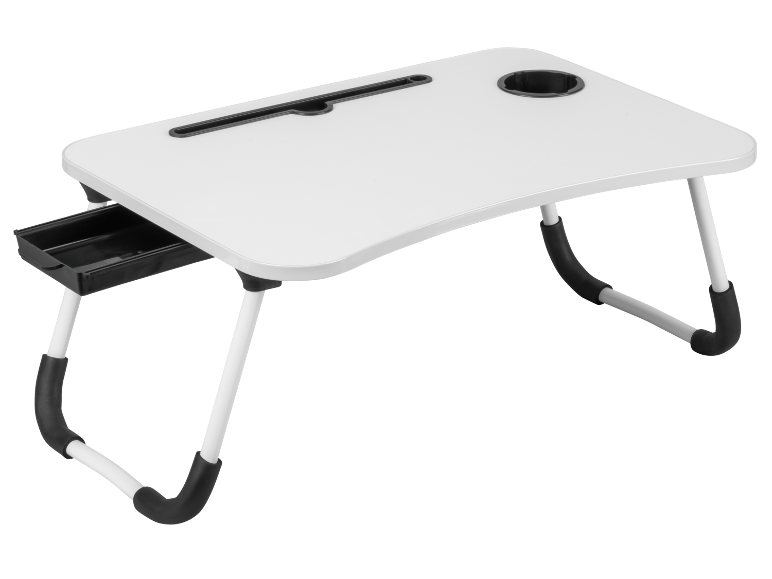Mesa dobrável branca para portátil com suporte para copo e gaveta extraível.