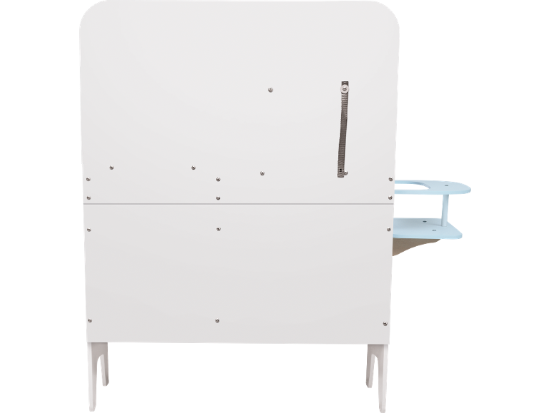 Parte de trás de um móvel de casa de banho branco com uma prateleira lateral azul claro