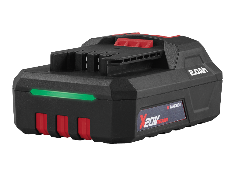 Bateria de 20 V 2.0 Ah com indicador de carga verde e detalhes vermelhos.