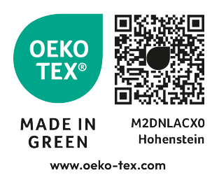 Selo OEKO-TEX MADE IN GREEN com código M2DNLACX0 Hohenstein e código QR.