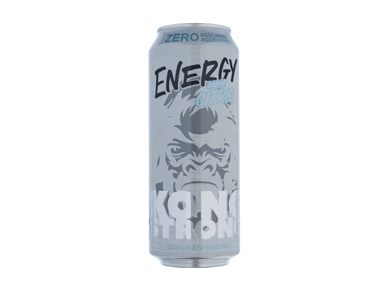 Lata prateada de bebida energética com sabor a citrinos, com a inscrição «ZERO AZÚCARES» e uma imagem de gorila.