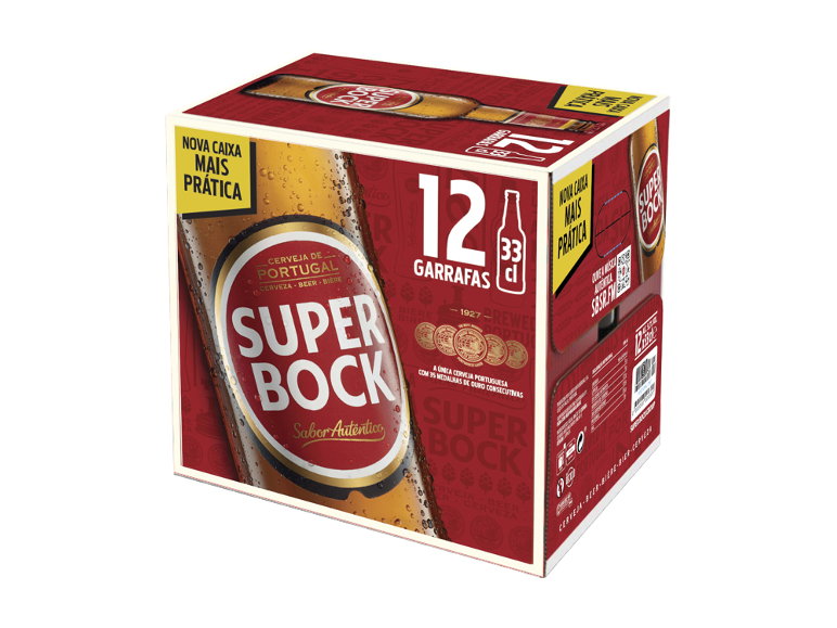 Caixa com 12 garrafas de cerveja, com as inscrições 'Nova Caixa Mais Prática' e 'Sabor Autêntico'.