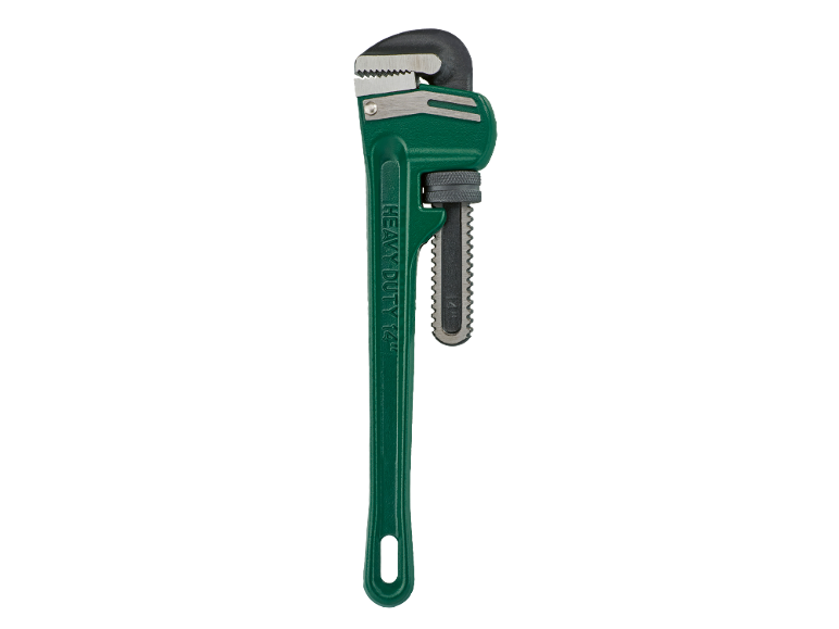 Chave de tubo verde resistente de 14 polegadas com mandíbulas serrilhadas e botão de ajuste.