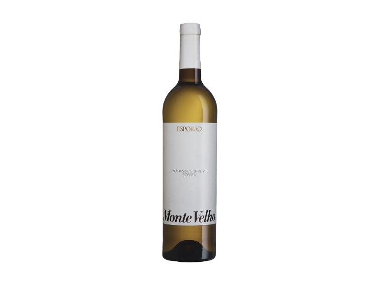 Vinho branco em garrafa com rótulo que exibe 'VINHO REGIONAL ALENTEJANO PORTUGAL' e 'Monte Velho'.