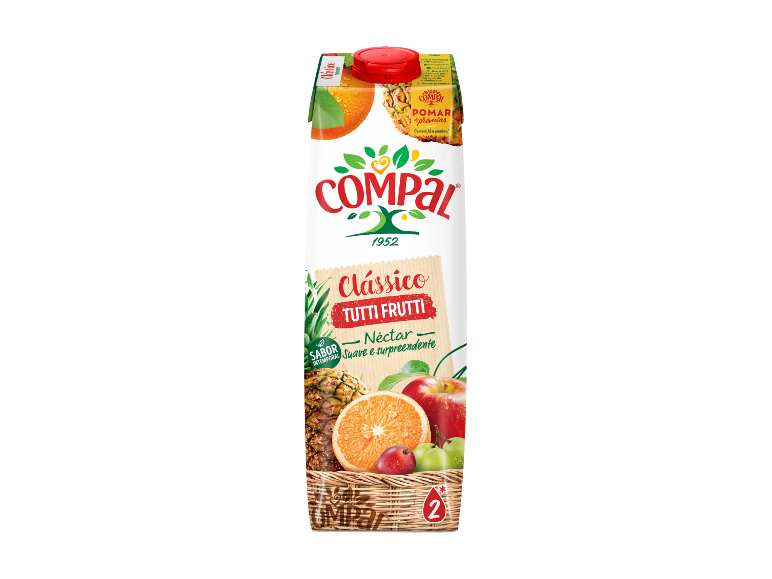 Néctar de frutos Tutti Frutti em embalagem de 1 litro com ilustrações de frutas mistas