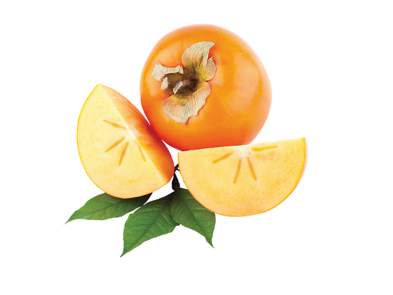 Caquis laranja, um inteiro e dois cortados, com folhas verdes.