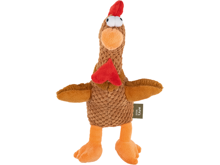 Brinquedo de peluche de galinha castanho com bico e patas laranja, e crista e barbilho vermelhos.
