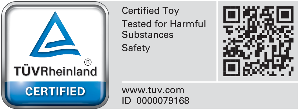 Selo certificado: Brinquedo certificado, testado para substâncias nocivas, segurança. ID 0000079168.