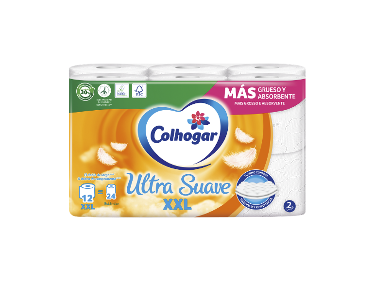 Embalagem de rolos de papel higiénico, extra suave e absorvente, com certificações de sustentabilidade.